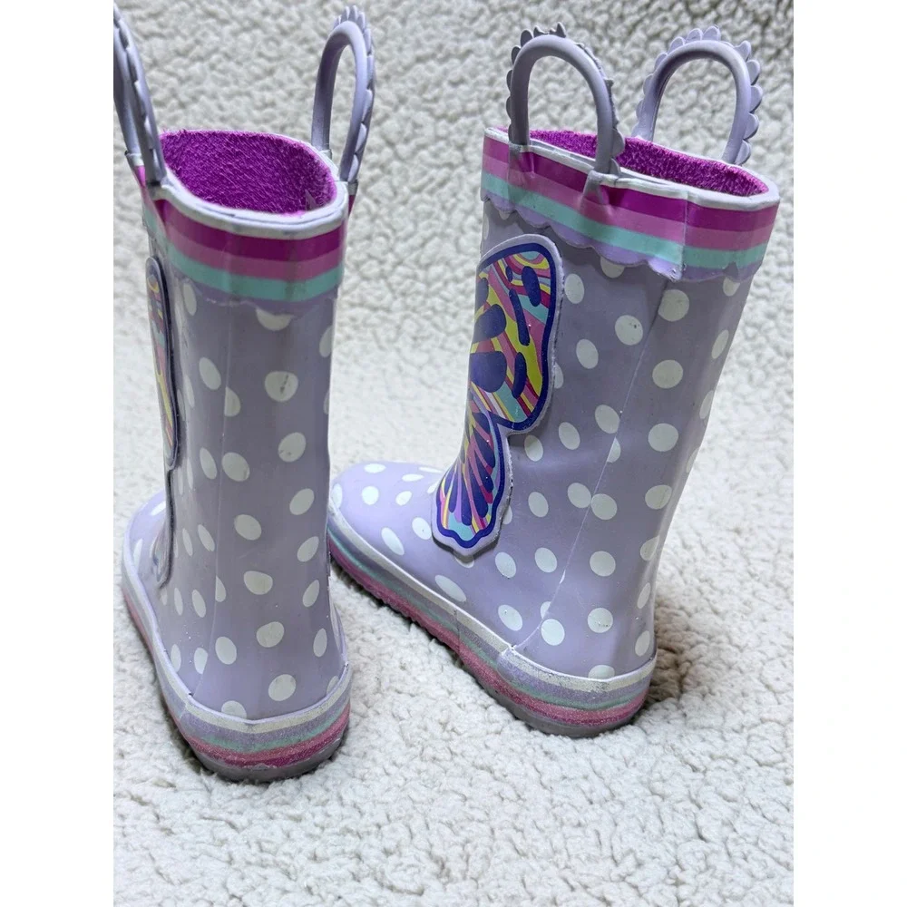 Member's Mark Girls Purple Butterfly Polka Dot Rain Boots Size 7/8 Pull OnRubber